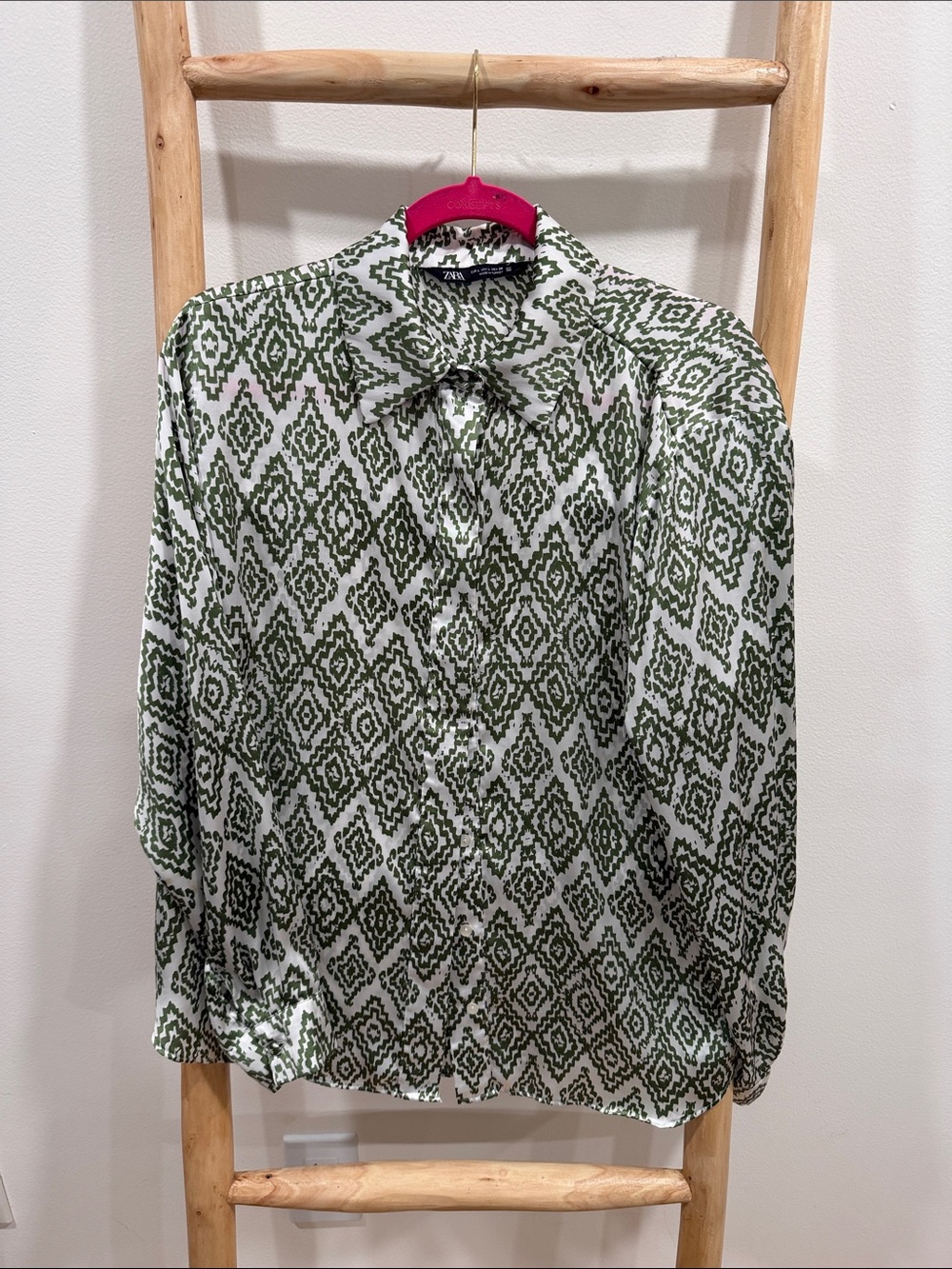 Zara White and Green Geometric Print Button-Down Shirt L